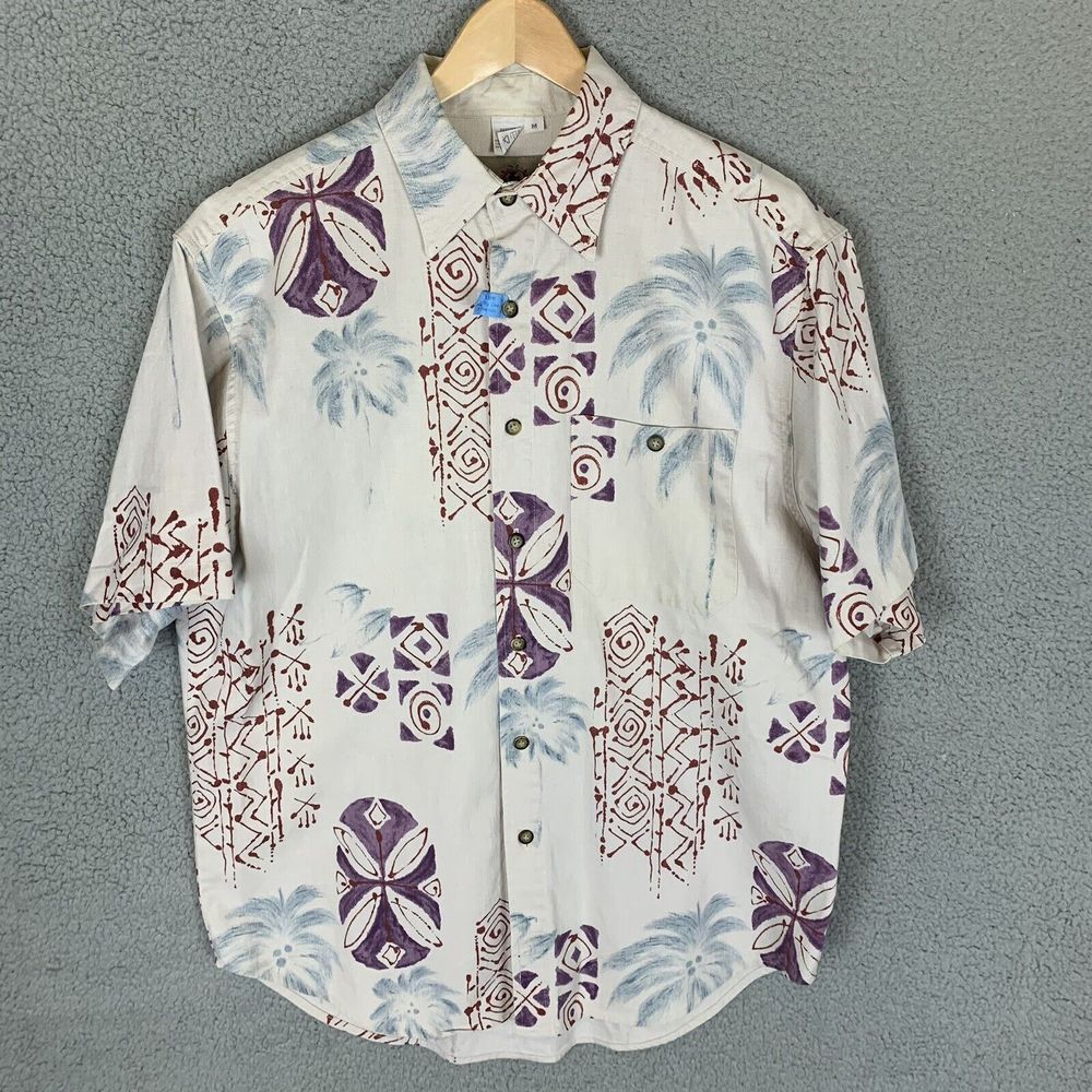 Territory Ahead Shirt Mens M Linen Blend Cream Hawiian Short Sleeve Casual